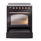 ILVE Nostalgie II 30-Inch Induction Range with 4 Induction Elements, 3.5 cu. ft. Oven, Glossy Black with Copper Trim, Triple Glass Door, UPI304NMPBKP