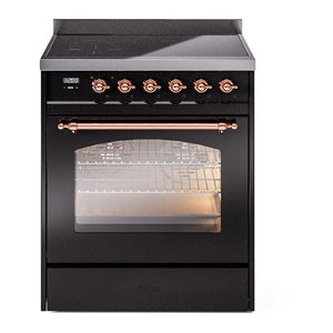 ILVE Nostalgie II 30-Inch Induction Range with 4 Induction Elements, 3.5 cu. ft. Oven, Glossy Black with Copper Trim, Triple Glass Door, UPI304NMPBKP