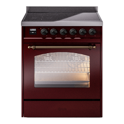 ILVE Nostalgie II 30-Inch Induction Range with 4 Induction Elements, 3.5 cu. ft. Oven, Burgundy with Burnished Trim, Triple Glass Door, UPI304NMPBUB