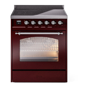 ILVE Nostalgie II 30-Inch Induction Range with 4 Induction Elements, 3.5 cu. ft. Oven, Burgundy with Chrome Trim, Triple Glass Door, UPI304NMPBUC