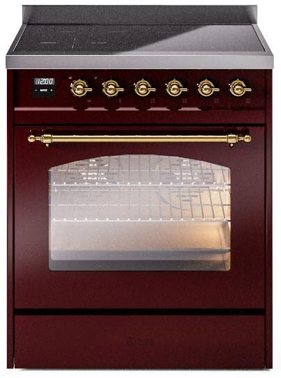 ILVE Nostalgie II 30" Induction Range with Element Stove and Electric Oven in Burgundy with Brass Trim, UPI304NMPBUG