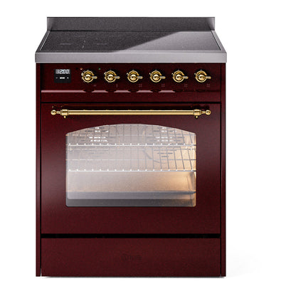 ILVE Nostalgie II 30-Inch Induction Range with 4 Induction Elements, 3.5 cu. ft. Oven, Burgundy with Brass Trim, Triple Glass Door, UPI304NMPBUG
