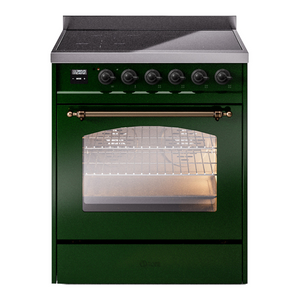 ILVE Nostalgie II 30-Inch Induction Range with 4 Induction Elements, 3.5 cu. ft. Oven, Emerald Green with Burnished Trim, Triple Glass Door, UPI304NMPEGB