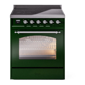 ILVE Nostalgie II 30-Inch Induction Range with 4 Induction Elements, 3.5 cu. ft. Oven, Emerald Green with Chrome Trim, Triple Glass Door, UPI304NMPEGC