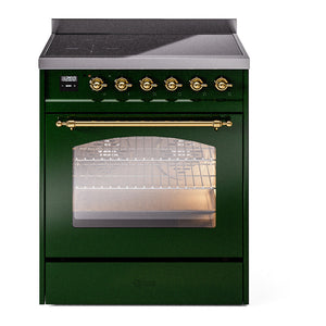 ILVE Nostalgie II 30-Inch Induction Range with 4 Induction Elements, 3.5 cu. ft. Oven, Emerald Green with Brass Trim, Triple Glass Door, UPI304NMPEGG