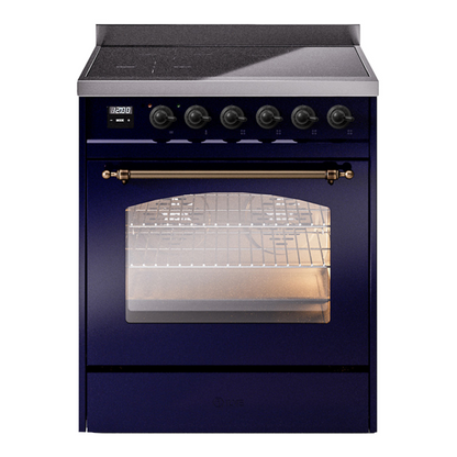 ILVE Nostalgie II 30-Inch Induction Range with 4 Induction Elements, 3.5 cu. ft. Oven, Midnight Blue with Burnished Trim, Triple Glass Door, UPI304NMPMBB