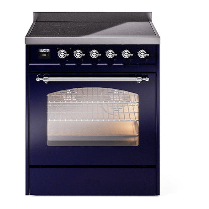 ILVE Nostalgie II 30-Inch Induction Range with 4 Induction Elements, 3.5 cu. ft. Oven, Midnight Blue with Chrome Trim, Triple Glass Door, UPI304NMPMBC