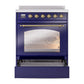 ILVE Nostalgie II 30-Inch Induction Range with 4 Induction Elements, 3.5 cu. ft. Oven, Midnight Blue with Brass Trim, Triple Glass Door, UPI304NMPMBG