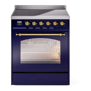 ILVE Nostalgie II 30-Inch Induction Range with 4 Induction Elements, 3.5 cu. ft. Oven, Midnight Blue with Brass Trim, Triple Glass Door, UPI304NMPMBG