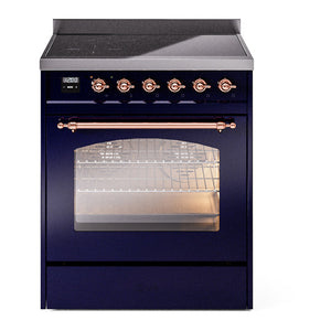 ILVE Nostalgie II 30-Inch Induction Range with 4 Induction Elements, 3.5 cu. ft. Oven, Midnight Blue with Copper Trim, Triple Glass Door, UPI304NMPMBP