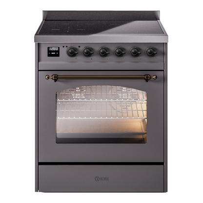 ILVE Nostalgie II 30-Inch Induction Range with 4 Induction Elements, 3.5 cu. ft. Oven, Graphite Matte with Burnished Trim, Triple Glass Door, UPI304NMPMGB