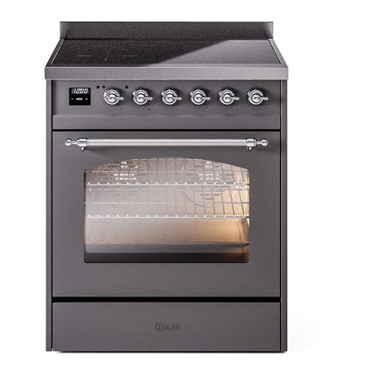 ILVE Nostalgie II 30-Inch Induction Range with 4 Induction Elements, 3.5 cu. ft. Oven, Graphite Matte with Chrome Trim, Triple Glass Door, UPI304NMPMGC