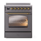 ILVE Nostalgie II 30-Inch Induction Range with 4 Induction Elements, 3.5 cu. ft. Oven, Graphite Matte with Brass Trim, Triple Glass Door, UPI304NMPMGG
