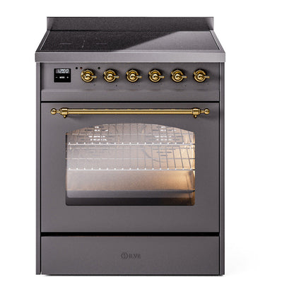 ILVE Nostalgie II 30-Inch Induction Range with 4 Induction Elements, 3.5 cu. ft. Oven, Graphite Matte with Brass Trim, Triple Glass Door, UPI304NMPMGG