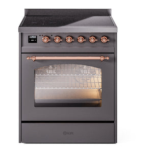 ILVE Nostalgie II 30-Inch Induction Range with 4 Induction Elements, 3.5 cu. ft. Oven, Graphite Matte with Copper Trim, Triple Glass Door, UPI304NMPMGP