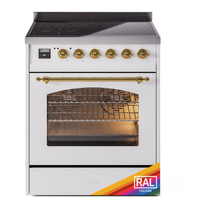 ILVE Nostalgie II 30-Inch Induction Range with 4 Induction Elements, 3.5 cu. ft. Oven, RAL with Brass Trim, Triple Glass Door, UPI304NMPRAG
