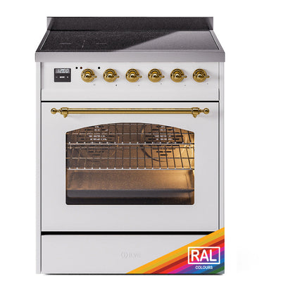 ILVE Nostalgie II 30-Inch Induction Range with 4 Induction Elements, 3.5 cu. ft. Oven, RAL with Brass Trim, Triple Glass Door, UPI304NMPRAG