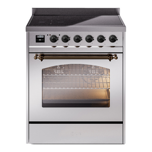 ILVE Nostalgie II 30-Inch Induction Range with 4 Induction Elements, 3.5 cu. ft. Oven, Stainless Steel with Burnished Trim, Triple Glass Door, UPI304NMPSSB