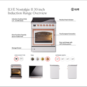 ILVE Nostalgie II 30-Inch Induction Range with 4 Induction Elements, 3.5 cu. ft. Oven, Stainless Steel with Chrome Trim, Triple Glass Door, UPI304NMPSSC