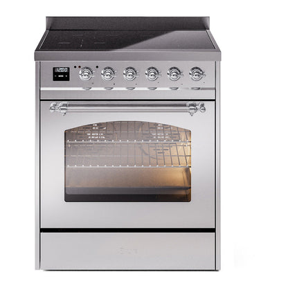 ILVE Nostalgie II 30-Inch Induction Range with 4 Induction Elements, 3.5 cu. ft. Oven, Stainless Steel with Chrome Trim, Triple Glass Door, UPI304NMPSSC