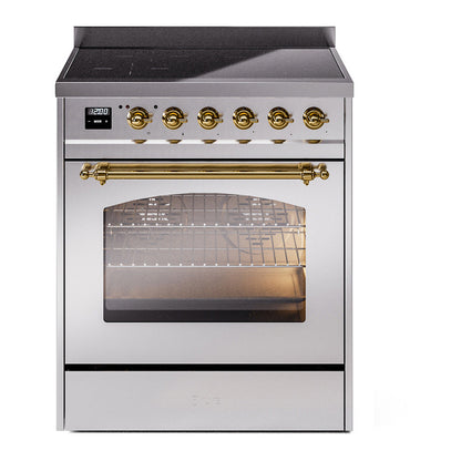 ILVE Nostalgie II 30-Inch Induction Range with 4 Induction Elements, 3.5 cu. ft. Oven, Stainless Steel with Brass Trim, Triple Glass Door, UPI304NMPSSG