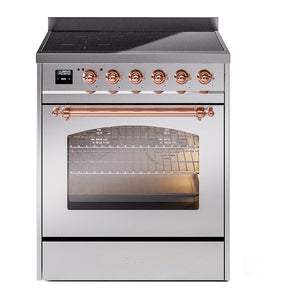 ILVE Nostalgie II 30-Inch Induction Range with 4 Induction Elements, 3.5 cu. ft. Oven, Stainless Steel with Copper Trim, Triple Glass Door, UPI304NMPSSP