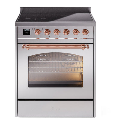 ILVE Nostalgie II 30-Inch Induction Range with 4 Induction Elements, 3.5 cu. ft. Oven, Stainless Steel with Copper Trim, Triple Glass Door, UPI304NMPSSP