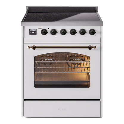 ILVE Nostalgie II 30-Inch Induction Range with 4 Induction Elements, 3.5 cu. ft. Oven, White with Burnished Trim, Triple Glass Door, UPI304NMPWHB