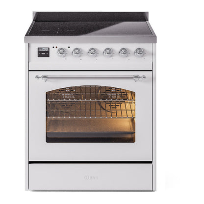 ILVE Nostalgie II 30-Inch Induction Range with 4 Induction Elements, 3.5 cu. ft. Oven, White with Chrome Trim, Triple Glass Door, UPI304NMPWHC