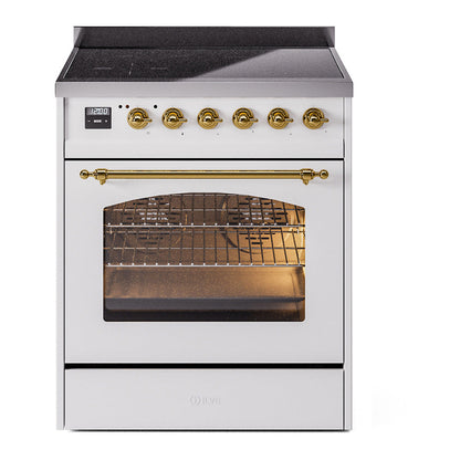 ILVE Nostalgie II 30-Inch Induction Range with 4 Induction Elements, 3.5 cu. ft. Oven, White with Brass Trim, Triple Glass Door, UPI304NMPWHG