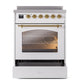 ILVE Nostalgie II 30-Inch Induction Range with 4 Induction Elements, 3.5 cu. ft. Oven, White with Brass Trim, Triple Glass Door, UPI304NMPWHG