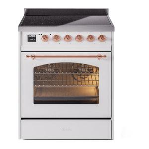 ILVE Nostalgie II 30-Inch Induction Range with 4 Induction Elements, 3.5 cu. ft. Oven, White with Copper Trim, Triple Glass Door, UPI304NMPWHP