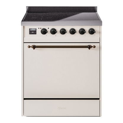 ILVE Nostalgie II 30-Inch Induction Range with 4 Induction Elements, 3.5 cu. ft. Oven, Antique White with Burnished Trim, Solid Door, UPI304QNMPAWB