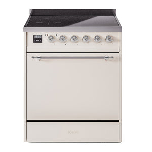 ILVE Nostalgie II 30-Inch Induction Range with 4 Induction Elements, 3.5 cu. ft. Oven, Antique White with Chrome Trim, Solid Door, UPI304QNMPAWC