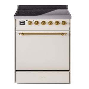 ILVE Nostalgie II 30-Inch Induction Range with 4 Induction Elements, 3.5 cu. ft. Oven, Antique White with Brass Trim, Solid Door, UPI304QNMPAWG