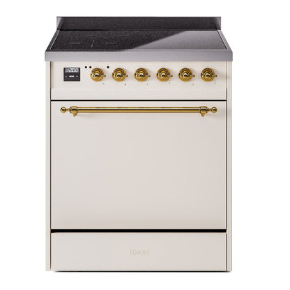 ILVE Nostalgie II 30-Inch Induction Range with 4 Induction Elements, 3.5 cu. ft. Oven, Antique White with Brass Trim, Solid Door, UPI304QNMPAWG