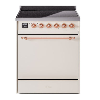 ILVE Nostalgie II 30-Inch Induction Range with 4 Induction Elements, 3.5 cu. ft. Oven, Antique White with Copper Trim, Solid Door, UPI304QNMPAWP