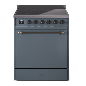 ILVE Nostalgie II 30-Inch Induction Range with 4 Induction Elements, 3.5 cu. ft. Oven, Blue Grey with Burnished Trim, Solid Door, UPI304QNMPBGB