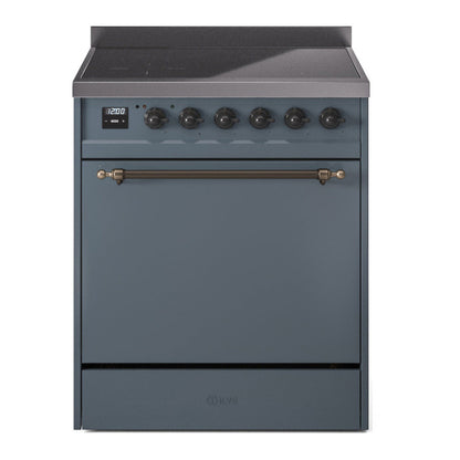 ILVE Nostalgie II 30-Inch Induction Range with 4 Induction Elements, 3.5 cu. ft. Oven, Blue Grey with Burnished Trim, Solid Door, UPI304QNMPBGB