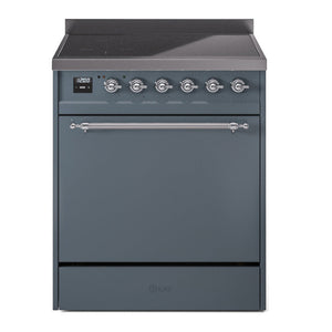 ILVE Nostalgie II 30-Inch Induction Range with 4 Induction Elements, 3.5 cu. ft. Oven, Blue Grey with Chrome Trim, Solid Door, UPI304QNMPBGC