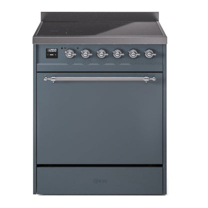 ILVE Nostalgie II 30-Inch Induction Range with 4 Induction Elements, 3.5 cu. ft. Oven, Blue Grey with Chrome Trim, Solid Door, UPI304QNMPBGC