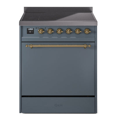 ILVE Nostalgie II 30-Inch Induction Range with 4 Induction Elements, 3.5 cu. ft. Oven, Blue Grey with Brass Trim, Solid Door, UPI304QNMPBGG