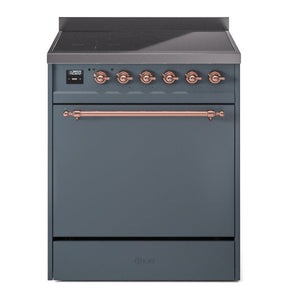 ILVE Nostalgie II 30-Inch Induction Range with 4 Induction Elements, 3.5 cu. ft. Oven, Blue Grey with Copper Trim, Solid Door, UPI304QNMPBGP