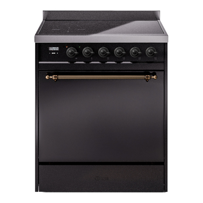 ILVE Nostalgie II 30-Inch Induction Range with 4 Induction Elements, 3.5 cu. ft. Oven, Glossy Black with Burnished Trim, Solid Door, UPI304QNMPBKB