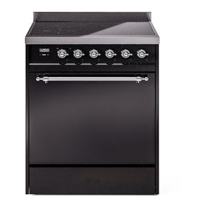 ILVE Nostalgie II 30-Inch Induction Range with 4 Induction Elements, 3.5 cu. ft. Oven, Glossy Black with Chrome Trim, Solid Door, UPI304QNMPBKC
