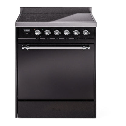 ILVE Nostalgie II 30-Inch Induction Range with 4 Induction Elements, 3.5 cu. ft. Oven, Glossy Black with Chrome Trim, Solid Door, UPI304QNMPBKC