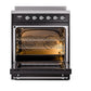 ILVE Nostalgie II 30-Inch Induction Range with 4 Induction Elements, 3.5 cu. ft. Oven, Glossy Black with Chrome Trim, Solid Door, UPI304QNMPBKC