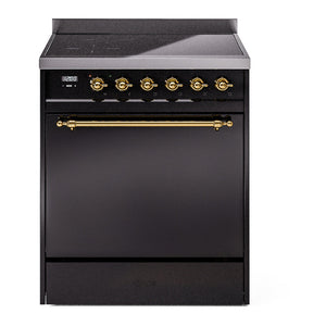 ILVE Nostalgie II 30-Inch Induction Range with 4 Induction Elements, 3.5 cu. ft. Oven, Glossy Black with Brass Trim, Solid Door, UPI304QNMPBKG