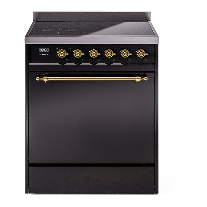 ILVE Nostalgie II 30-Inch Induction Range with 4 Induction Elements, 3.5 cu. ft. Oven, Glossy Black with Brass Trim, Solid Door, UPI304QNMPBKG