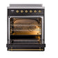 ILVE Nostalgie II 30-Inch Induction Range with 4 Induction Elements, 3.5 cu. ft. Oven, Glossy Black with Brass Trim, Solid Door, UPI304QNMPBKG
